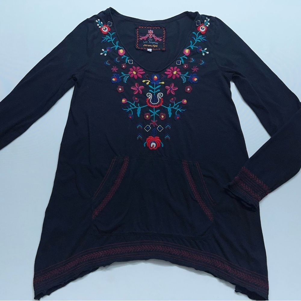 Johnny Was Black Embroidered Floral V-Neck Top Womens Small Long Sleeve Cotton